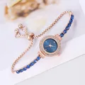 Elegant rose gold women watch with blue dial, rhinestones, and adjustable bracelet band - Bracelet Watch / Blue