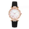 Detailed view of women's quartz watch with floral dial and rose gold crystal bezel - Black