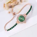 Elegant rose gold watch with green dial and adjustable rhinestone bracelet for women - Bracelet Watch / Green