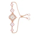 Rose gold clover charm bracelet watch for women with mother of pearl and crystals - Rose Gold