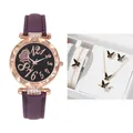 Damenquarzuhr mit lila mattem Armband und passendem 5-teiligem Schmetterlings-Schmuckset - Lila + Armband