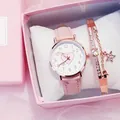 Pink leather strap watch set with heart dial and matching rose gold rhinestone bracelet - Pink Watch + Bracelet + Box
