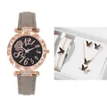 Damen-Uhrenset mit Strass-Lünette, Schmetterlingsschmuck und Sternenhimmel-Zifferblatt - Graue Uhr + Armband