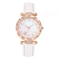 Detail of rose gold watch with rhinestone bezel and white floral pattern dial - White