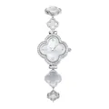 Elegant silver clover watch with white mother of pearl dial and rhinestone bracelet - Silver