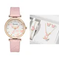 Stylish butterfly quartz watch set with pink leather strap and matching jewelry set for women - Pink + Bracelet