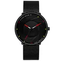 Lichtgevend zwart herenhorloge met mesh stalen band en unieke shutter wijzerplaat - Mesh Band Zwarte Kast Rode Wijzers