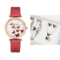 Detail showing the red butterfly quartz watch set with matching jewelry in a gift box - Red + Bracelet