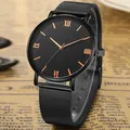 Men's fashion business quartz watch with black mesh strap and roman numerals on dial - Black Strap Frame Rose Gold Needles
