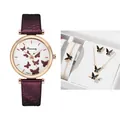 Women's quartz watch and butterfly jewelry set with purple strap and gold finish - Purple + Bracelet