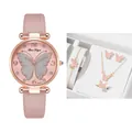 Pink leather quartz watch and butterfly jewelry set with necklace bracelet and earrings - Watch Jewelry Set / Pink