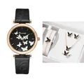 Fashion quartz watch set for women with butterfly pattern and black leather strap - Black + Bracelet