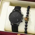 Set orologio al quarzo nero da uomo con datario e bracciale di perline coordinato - Orologio Nero e Bracciale