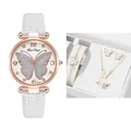 Elegant women's white leather strap watch and matching butterfly jewelry gift set - Watch Jewelry Set / White