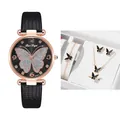 Elegant ladies watch set with glitter butterfly dial and matching gold jewelry - Watch Jewelry Set / Black