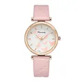 Detailed view of women's quartz watch dial with pink butterfly patterns and rose gold case - Pink