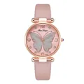 Detail of rose gold watch featuring a pink leather strap and silver glitter butterfly dial - Watch Only / Pink