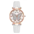 Detail of rose gold watch dial featuring a silver glitter butterfly and white leather strap - Watch Only / White