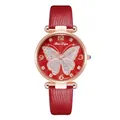 Detail of red leather watch strap with rose gold butterfly pattern and sparkling dial - Watch Only / Red