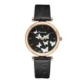 Close-up of butterfly quartz watch with floral embossed black leather strap - Black