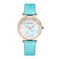 Detail of light blue butterfly pattern quartz watch with rose gold case and leather strap - Sky Blue