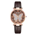Macro detail of brown leather watch strap with crocodile texture and glittery butterfly dial - Watch Only / Brown