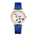 Detail of the rose gold quartz watch featuring butterfly prints and a blue textured strap - Blue