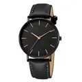 Minimalist men's quartz watch with black dial, rose gold markers and black leather strap - Black Leather Band Black Case Rose Gold Hands