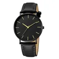 Minimalist quartz watch with black dial, gold markers and black leather strap - Black Leather Band Black Case Gold Hands