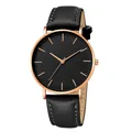 Minimalist quartz watch with matte black dial, rose gold case and black leather strap - Black Leather Band Rose Gold Case Black Dial