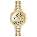 Reloj de cuarzo de lujo para mujer en oro con esfera de leopardo y correa de cristales - Dorado