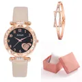 Classic rose gold watch with white leather strap and matching geometric bracelet set - Watch And Bracelet Gift Box / Off White