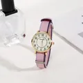Women's quartz watch with gold alloy case and purple striped nylon NATO strap - Pink