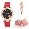 Close-up of women's quartz watch with red leather strap and heart-themed bangle set - Watch And Bracelet Gift Box / Red