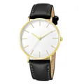Minimalist gold watch with white dial and black leather strap featuring white stitching - Black Leather Band Gold Case White Dial