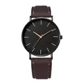Minimalist quartz watch featuring a matte black dial and dark brown leather strap - Brown Leather Strap Black Case Rose Gold Hands