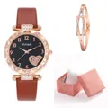 Women's watch set with brown leather strap, rose gold heart watch face and matching bangle - Watch And Bracelet Gift Box / Dark Brown