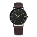 Minimalist black quartz watch with dark brown leather strap and white stitching - Brown Leather Strap Black Case Gold Hands