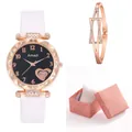 Women's quartz watch with rose gold bracelet set and elegant pink jewelry gift box - Watch And Bracelet Gift Box / White