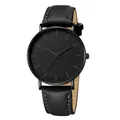 Minimalist all-black quartz watch with leather strap and white stitching detail - Black Leather Band Black Case Black Hands
