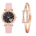 Detail of rose gold starry dial watch with heart motif and geometric diamond-set bracelet - Watch Bracelet / Pink