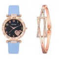 Detail view of rose gold quartz watch with starry sky dial and matching crystal bracelet - Watch Bracelet / Sky Blue
