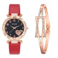 Detailed view of red leather watch with rose gold crystal bezel and matching bracelet - Watch Bracelet / Red