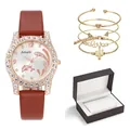 Damen Quarzuhr-Geschenkset mit braunem Lederarmband und Kaktus-Anhängern in einer Box - Dunkelbraune Uhr Und Armbänder Mit Geschenkbox