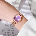 Montre femme en or rose avec cadran violet soleil et bracelet en métal à maillons - Violet