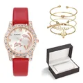 Women's quartz watch with red leather strap and four gold bracelets in a gift box - Red Watch And Bracelets With Gift Box