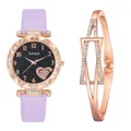 Close-up of lavender leather watch set with rose gold heart dial and crystal bracelet - Watch Bracelet / Violet