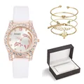 Women's watch and bracelet set with dolphin sunray dial and cactus leaf charms - White Watch And Bracelets With Gift Box