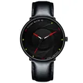 Men's black fashion watch with camera shutter dial and premium black leather strap - Leather Strap Red Hands