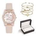 5-piece women's gold jewelry set featuring a dolphin dial watch and cactus bracelet charms - Beige Watch And Bracelets With Gift Box
